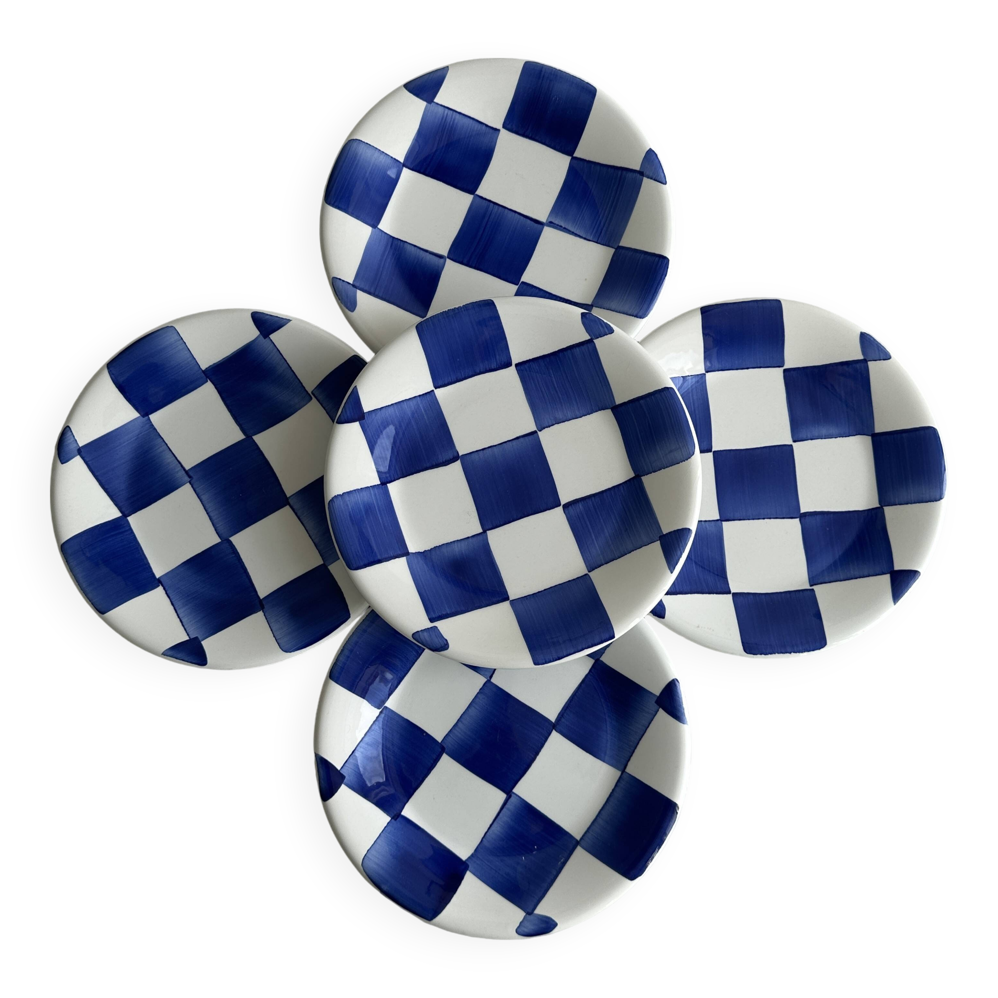 Set of 5 blue and white checkered porcelain dessert plates