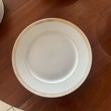 Lot of six flat plates, crockery, old white, gilded