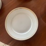 Lot of six flat plates, crockery, old white, gilded