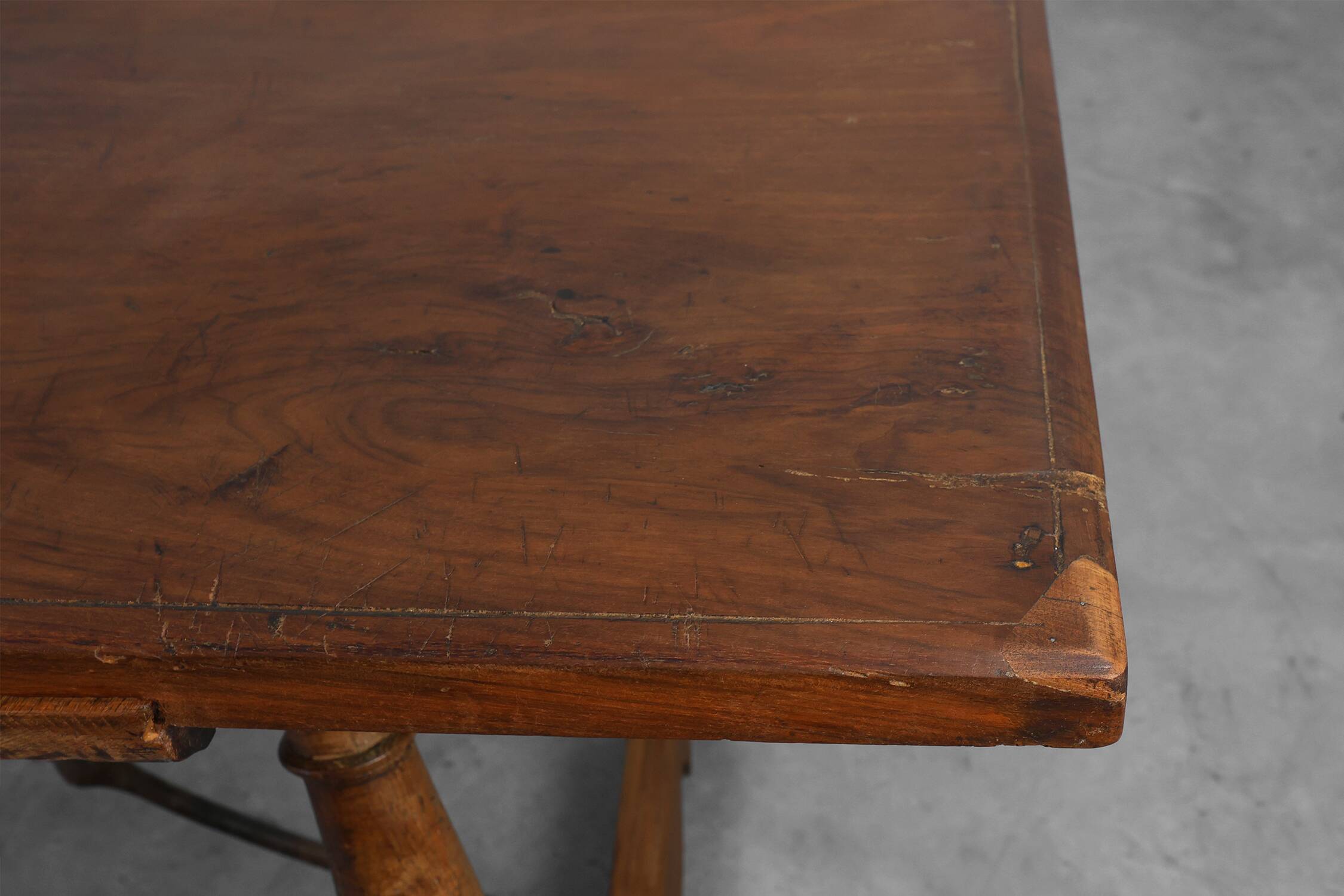 18th‑Century Spanish Walnut Trestle Table with Iron Stretcher