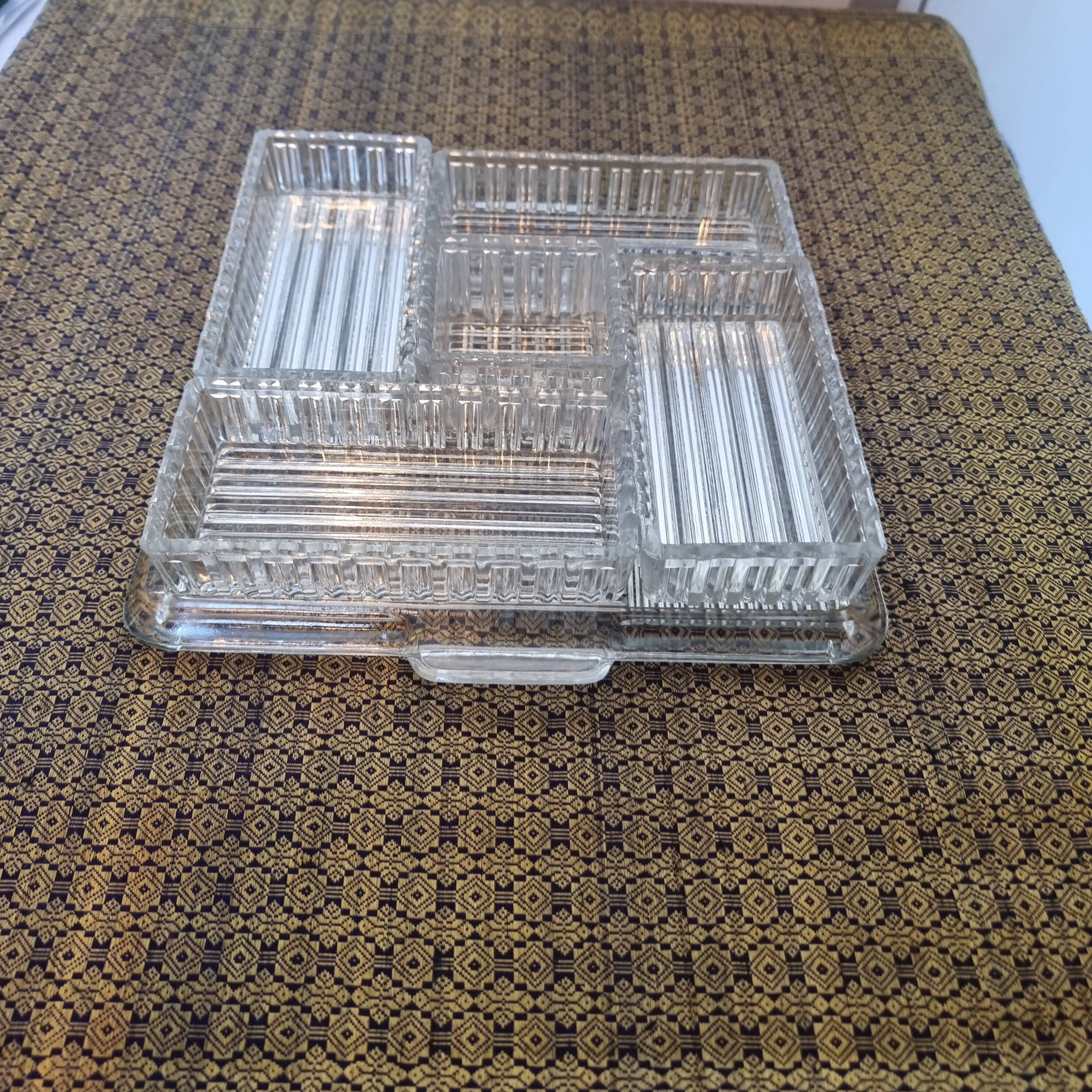 Large 6-piece aperitif tray in French molded rock crystal from the 50s and 60s