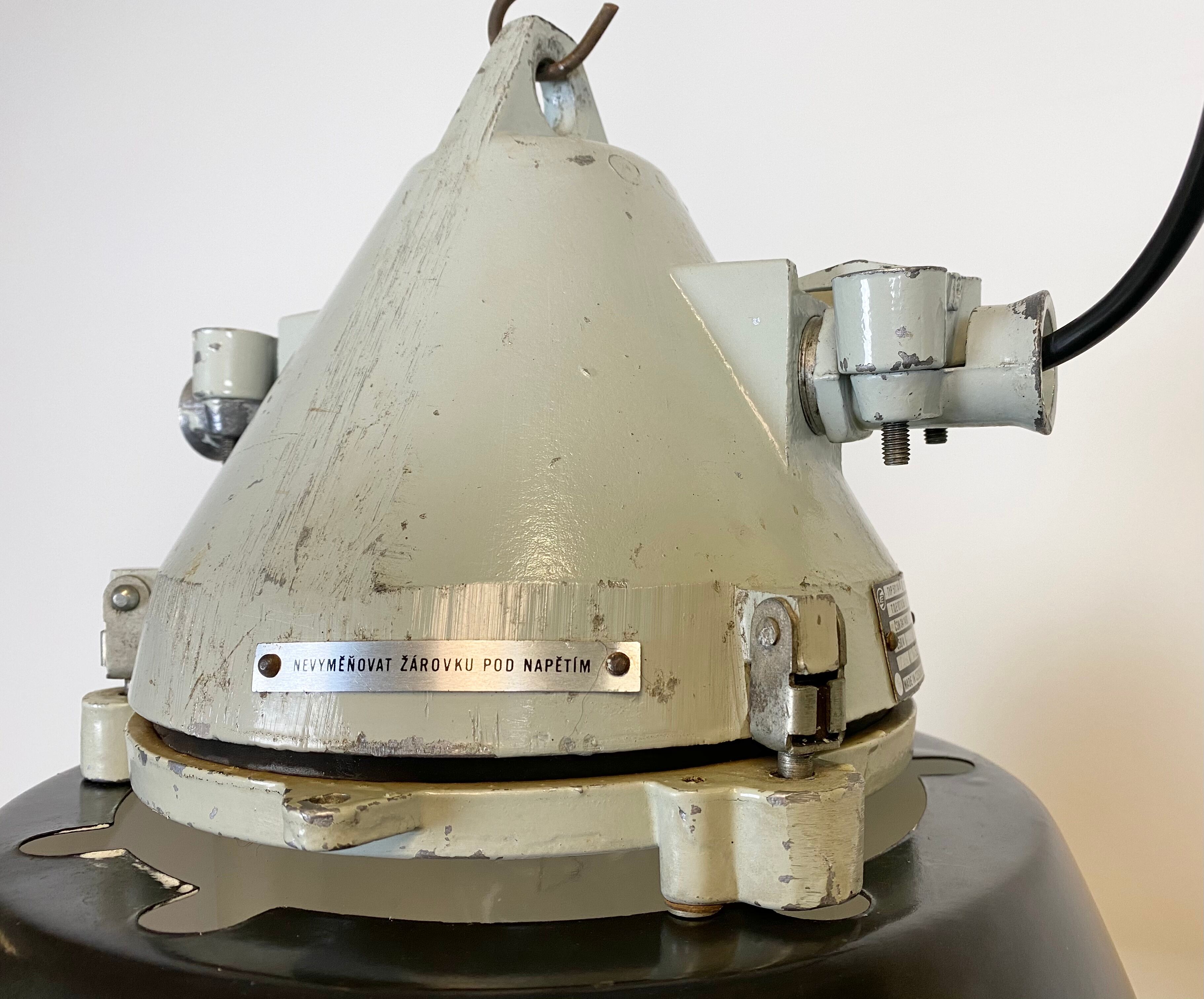 Grey cast aluminium explosion proof lamp with black enameled shade