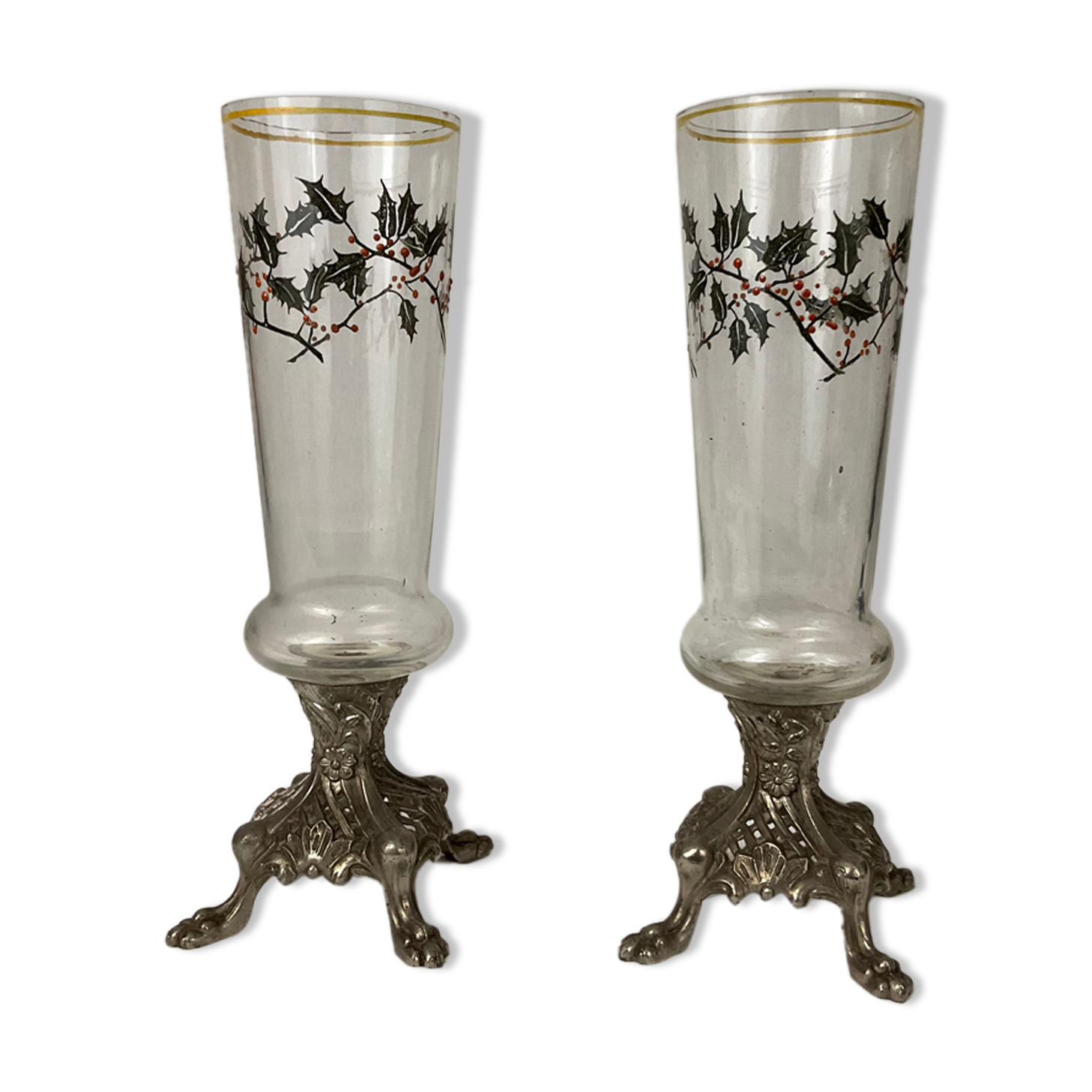 Pair of glass soliflore vases in glass enamelle foot claw in regulates napoleon III