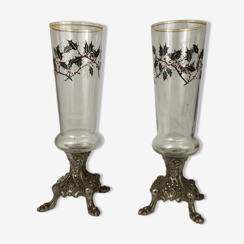 Paire de vases soliflore en verre emaille pied griffe en régule napoleon III