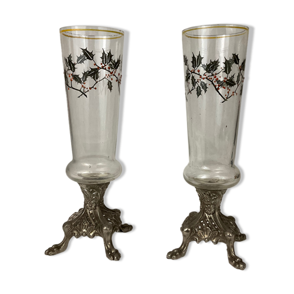 Paire de vases soliflore en verre emaille pied griffe en régule napoleon III — Beyit