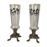 Paire de vases soliflore en verre emaille pied griffe en régule napoleon III