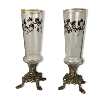 Pair of glass soliflore vases in glass enamelle foot claw in regulates napoleon III