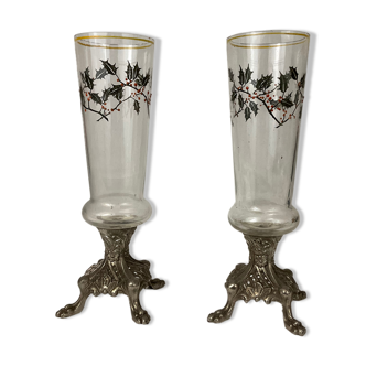 Paire de vases soliflore en verre emaille pied griffe en régule napoleon III