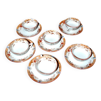 Service à café Sarreguemines 6 tasses + 2 cafetières faïence décor bambou chinois