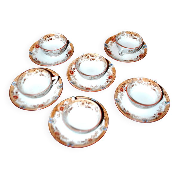 Service à café Sarreguemines 6 tasses + 2 cafetières faïence décor bambou chinois