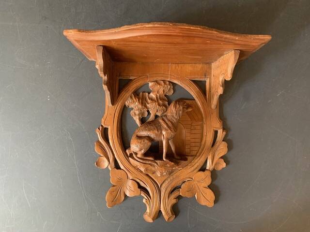 Black Forest carved wooden wall console, dog decor, folk art circa 1900