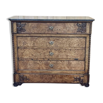19th century secretary chest of drawers in elm burl, fir and black marble top