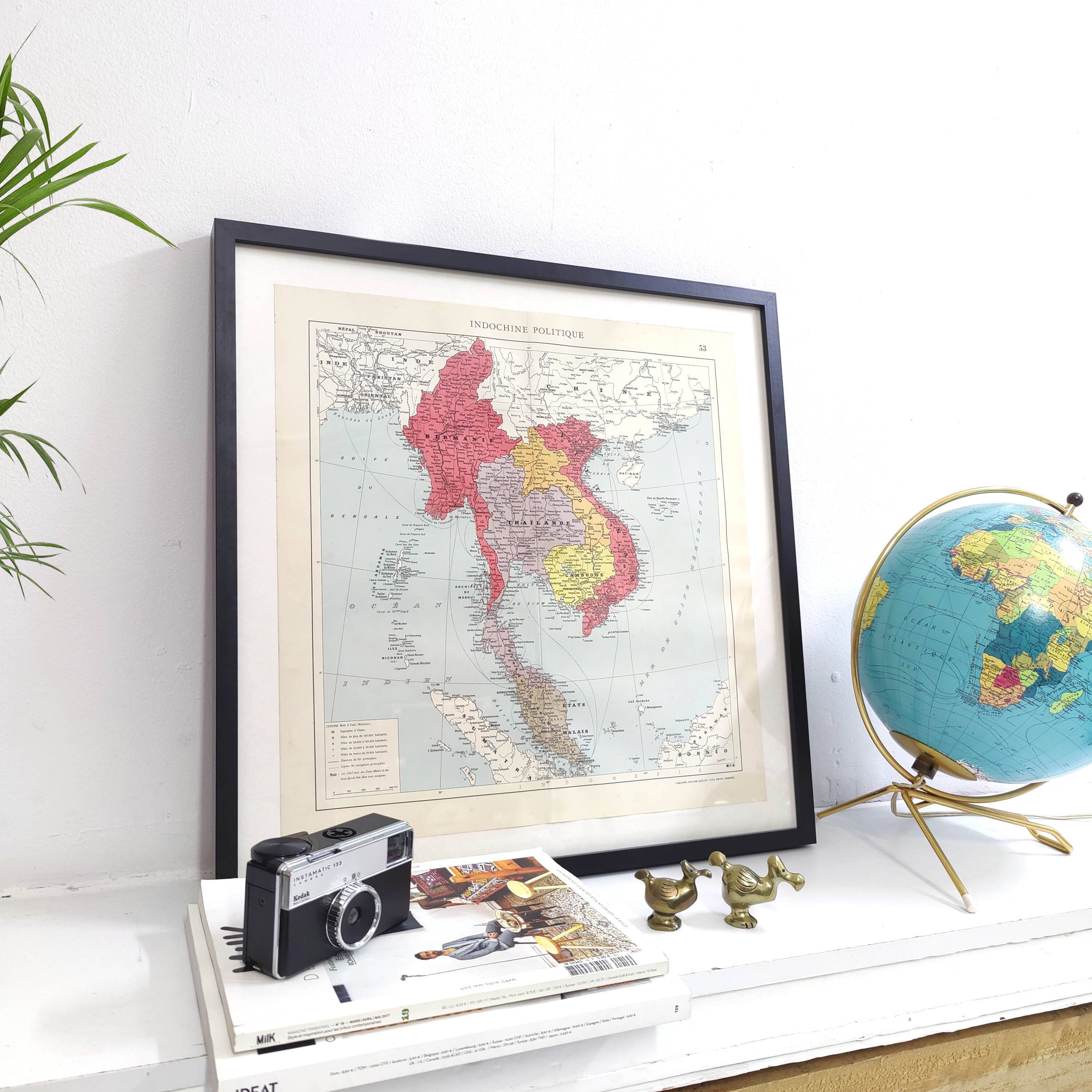 Old Indochina Asia map 43x43cm from 1950