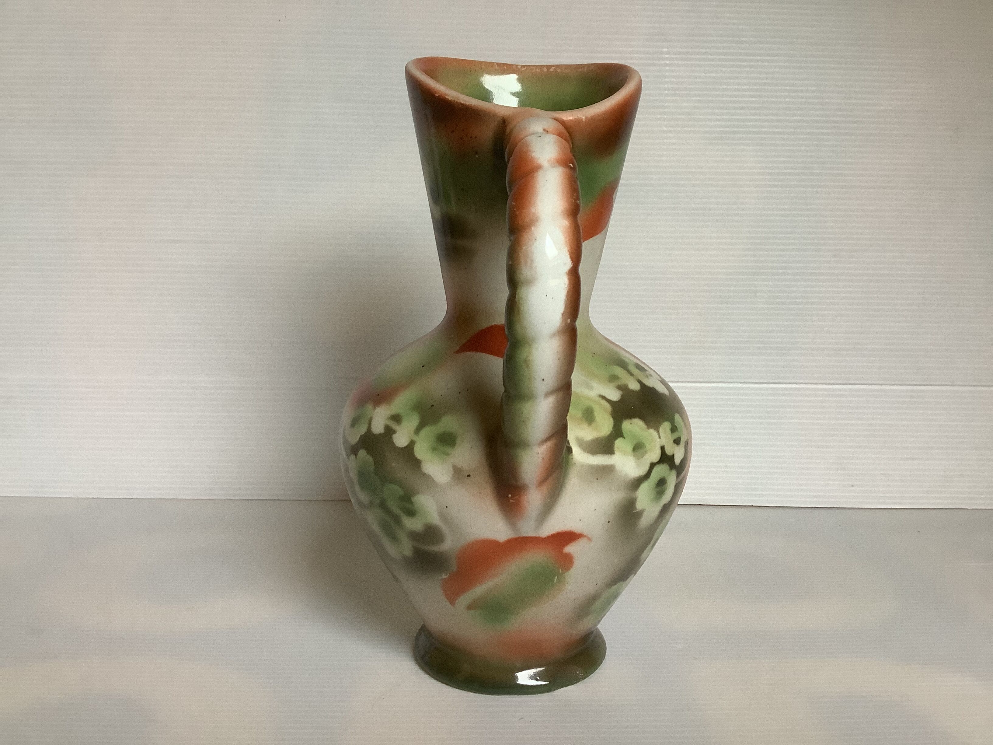 Old vase jug shape green and orange flowers