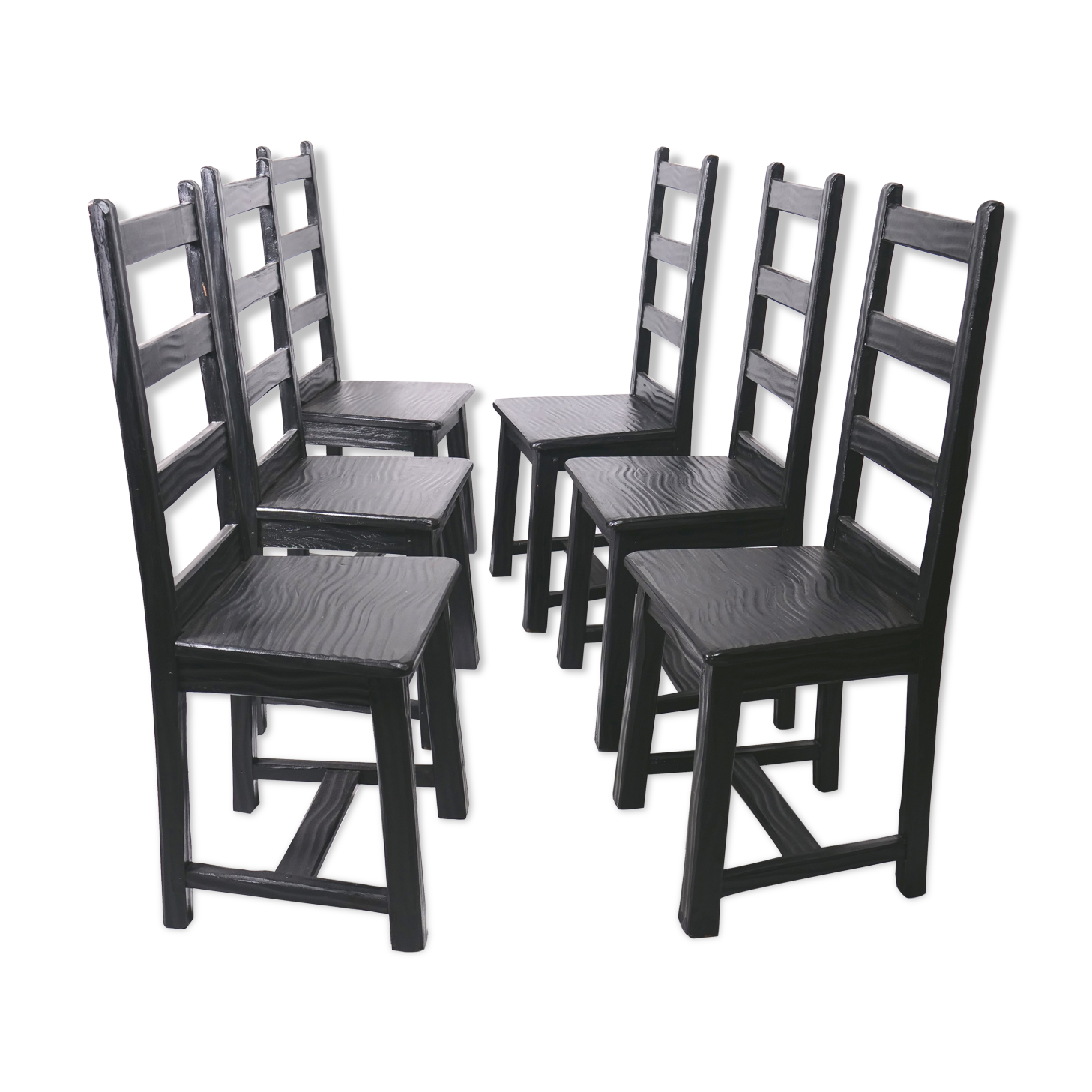 Set of 6 black brutalist chairs in solid oak