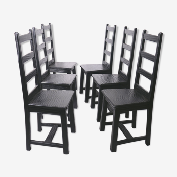 Set of 6 black brutalist chairs in solid oak