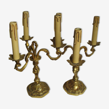 Pair of 3-light bronze Louis XV style table lamps