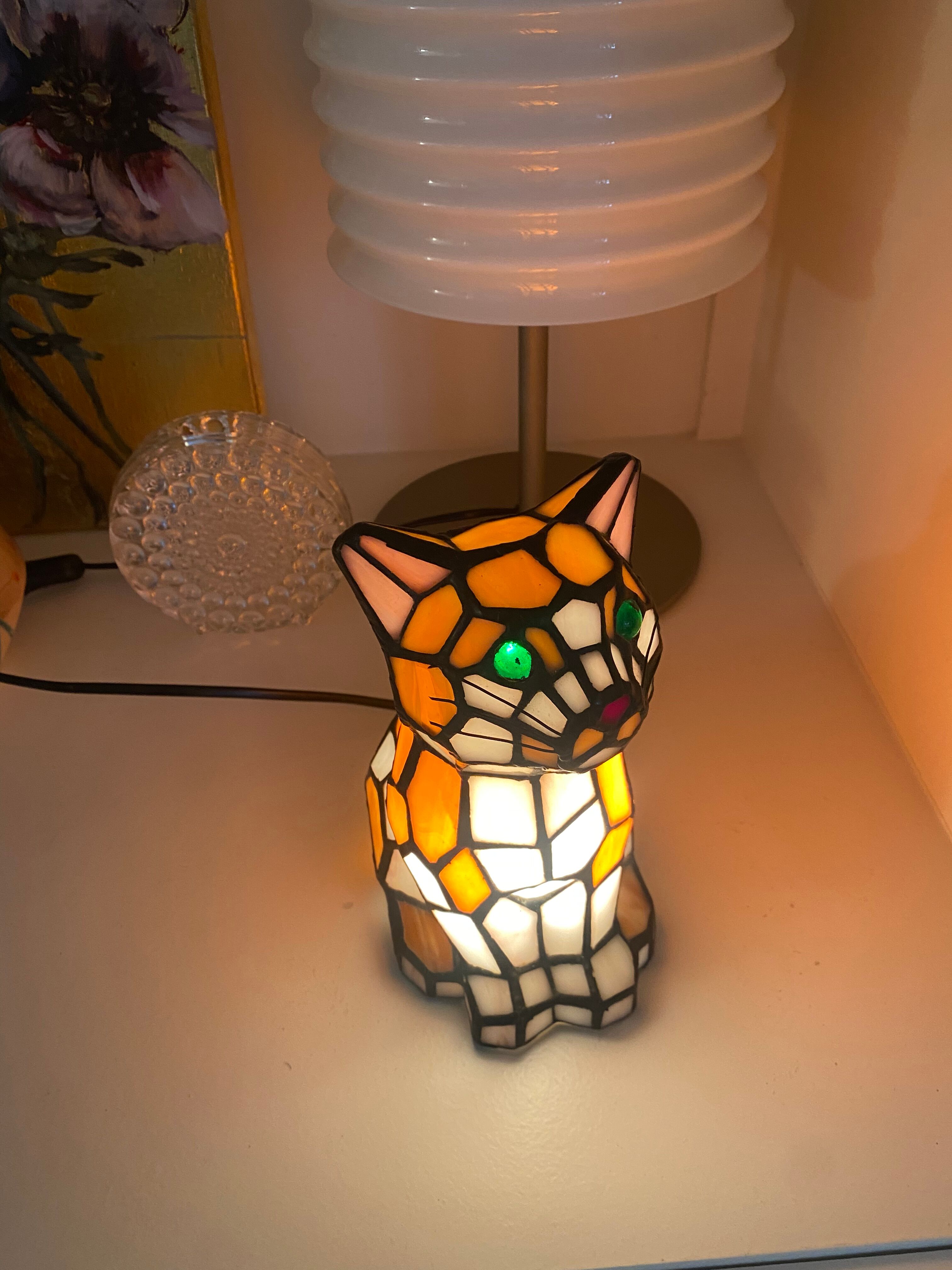 Vintage cat lamp in glass and metal