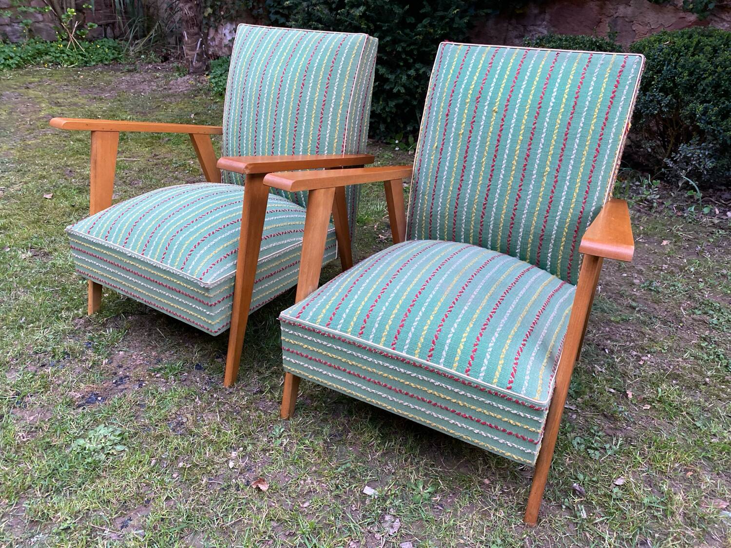 Pair of emerald green fabric armchairs circa 1950