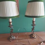 Pair of bronze lamps with lampshades