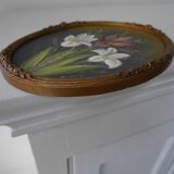 Set of 2 small oval paintings, flowers