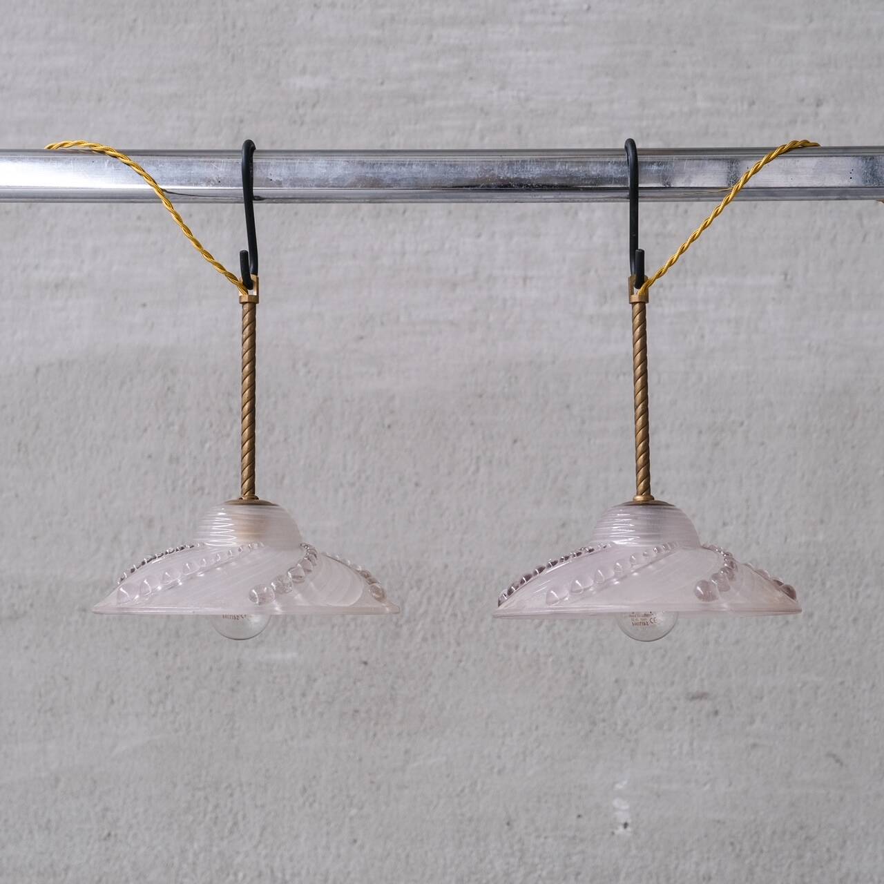 Brass and Glass Mid-Century Pendant Lights (5 Available)