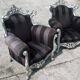 A pair of vintage armchairs, 1980s, lacquered wood and fabric
