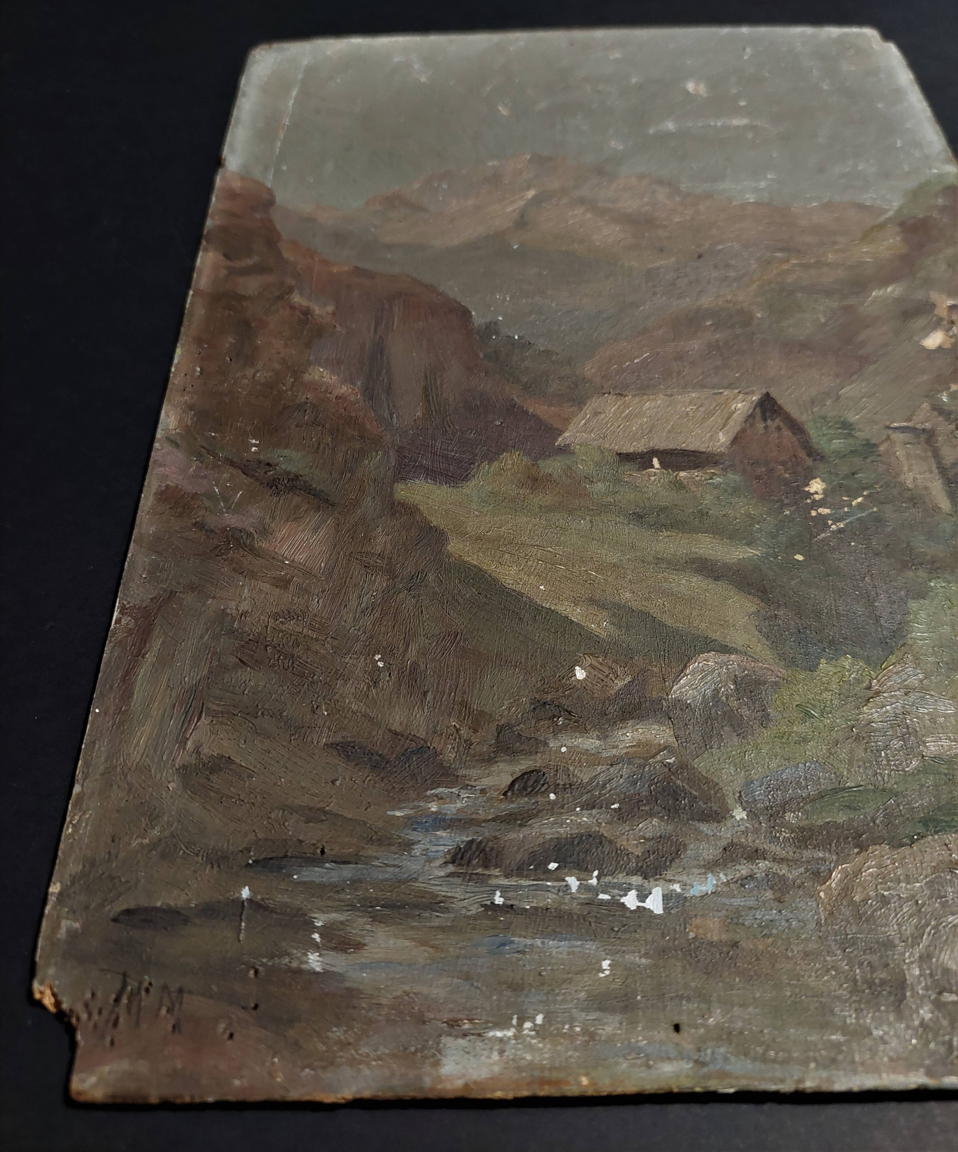 Painting oil on panel landscape mountains early twentieth