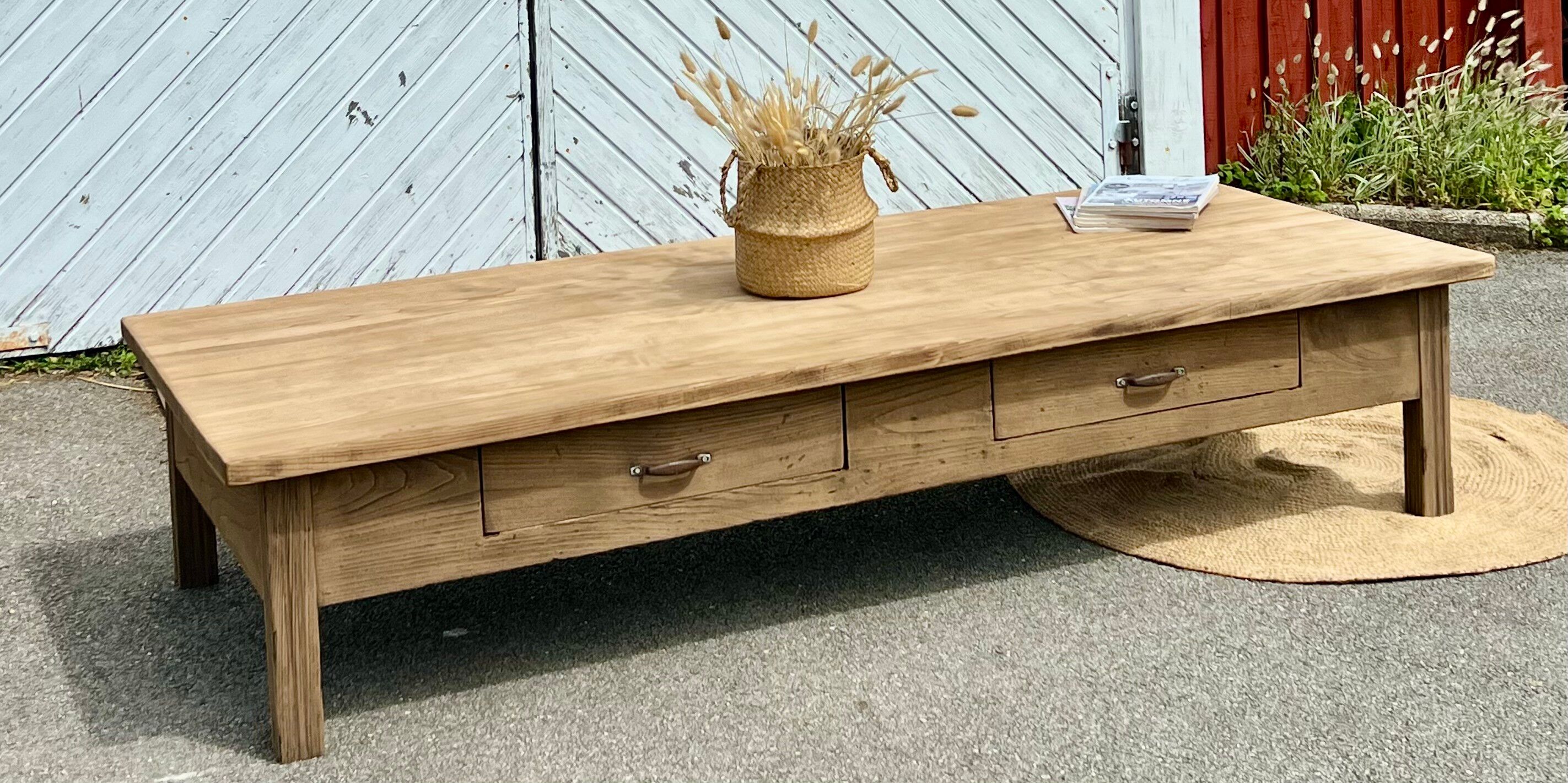 Large XXL farmhouse coffee table in raw solid oak.