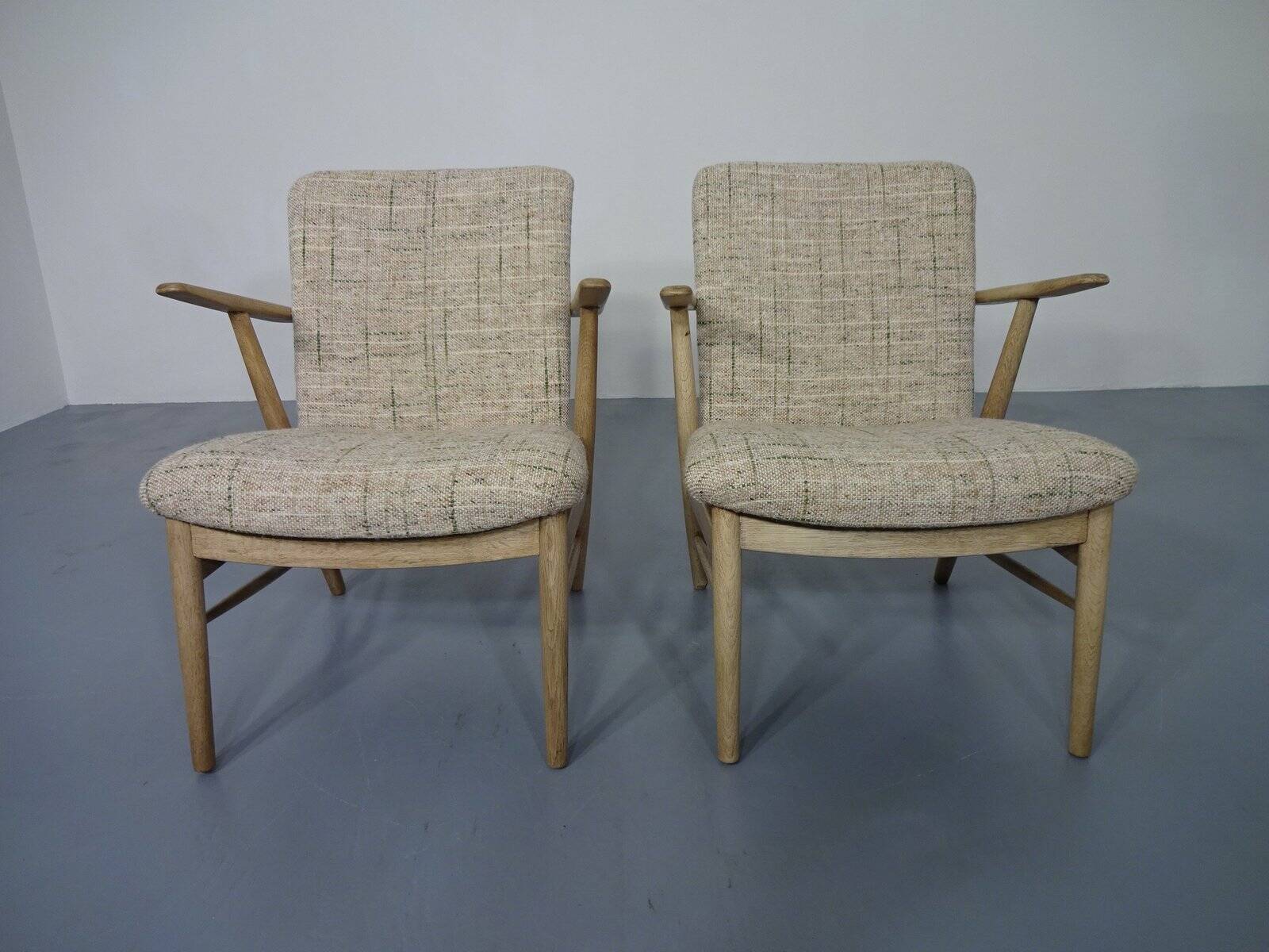 Danish Oak & Wool Armchairs, 1960s, Set of 2