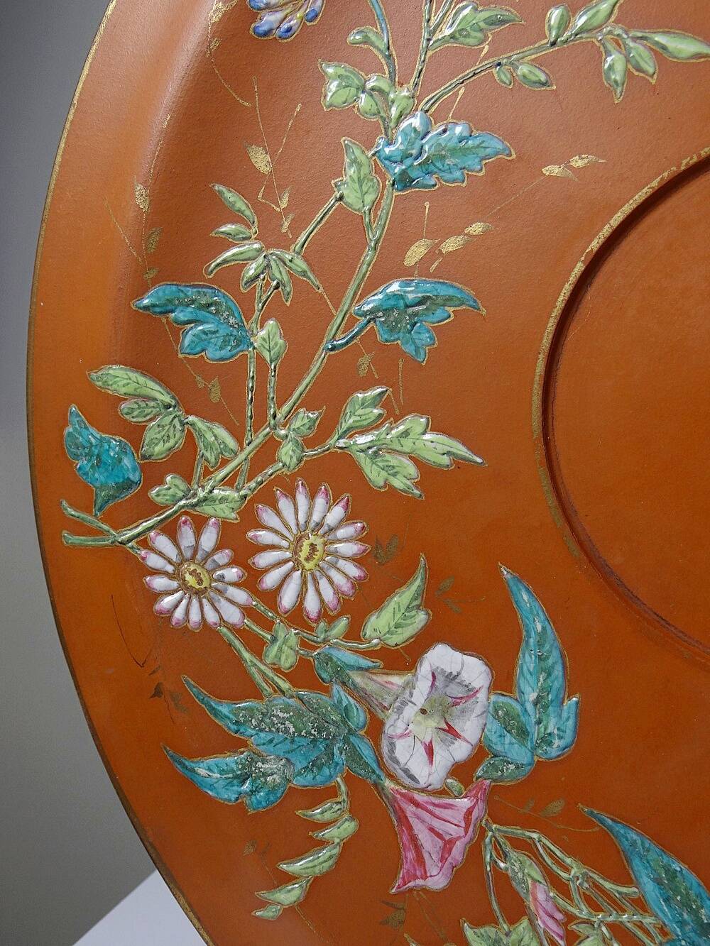 Large old clay/terracotta dish with Japanese Art Nouveau enamel