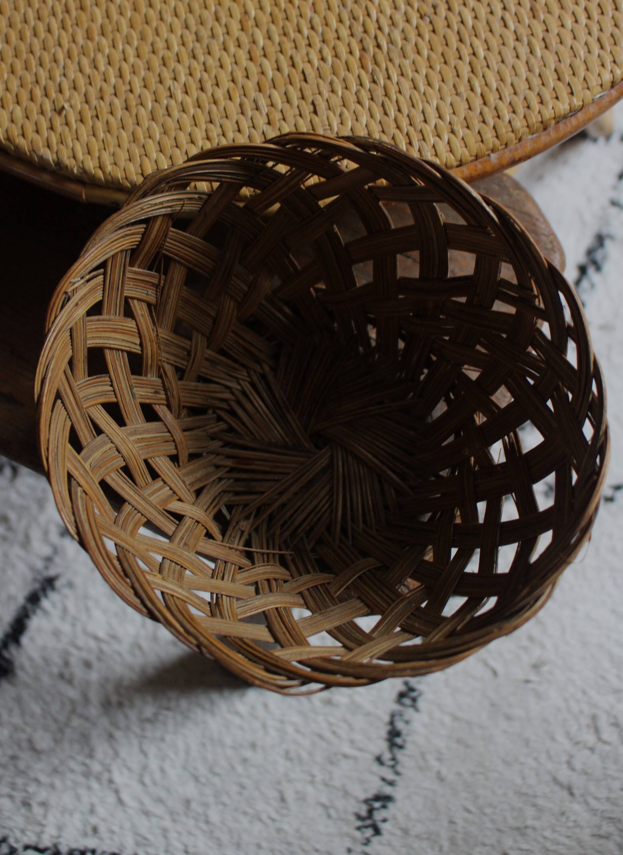 Small tall vintage openwork wicker basket