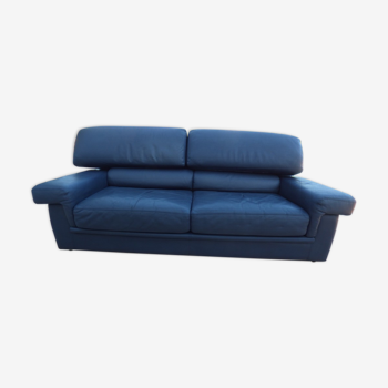 3-seater non-convertible sofa upholstered in navy blue leather – Very good condition