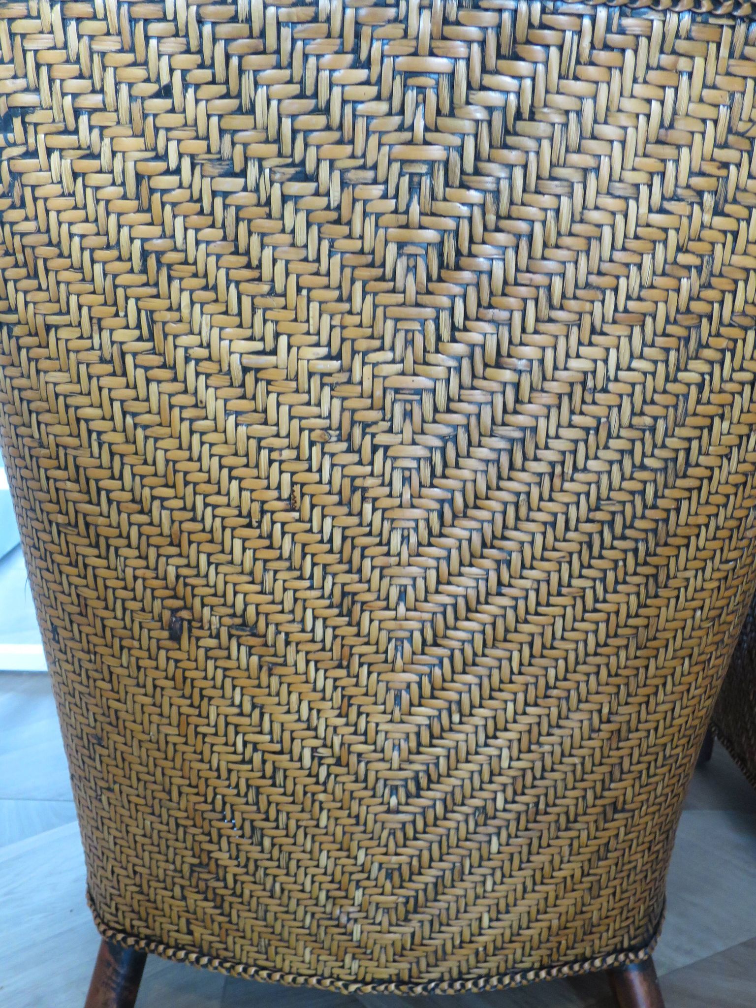 Set of 2 armchairs in woven rattan and exotic wood, 1980s