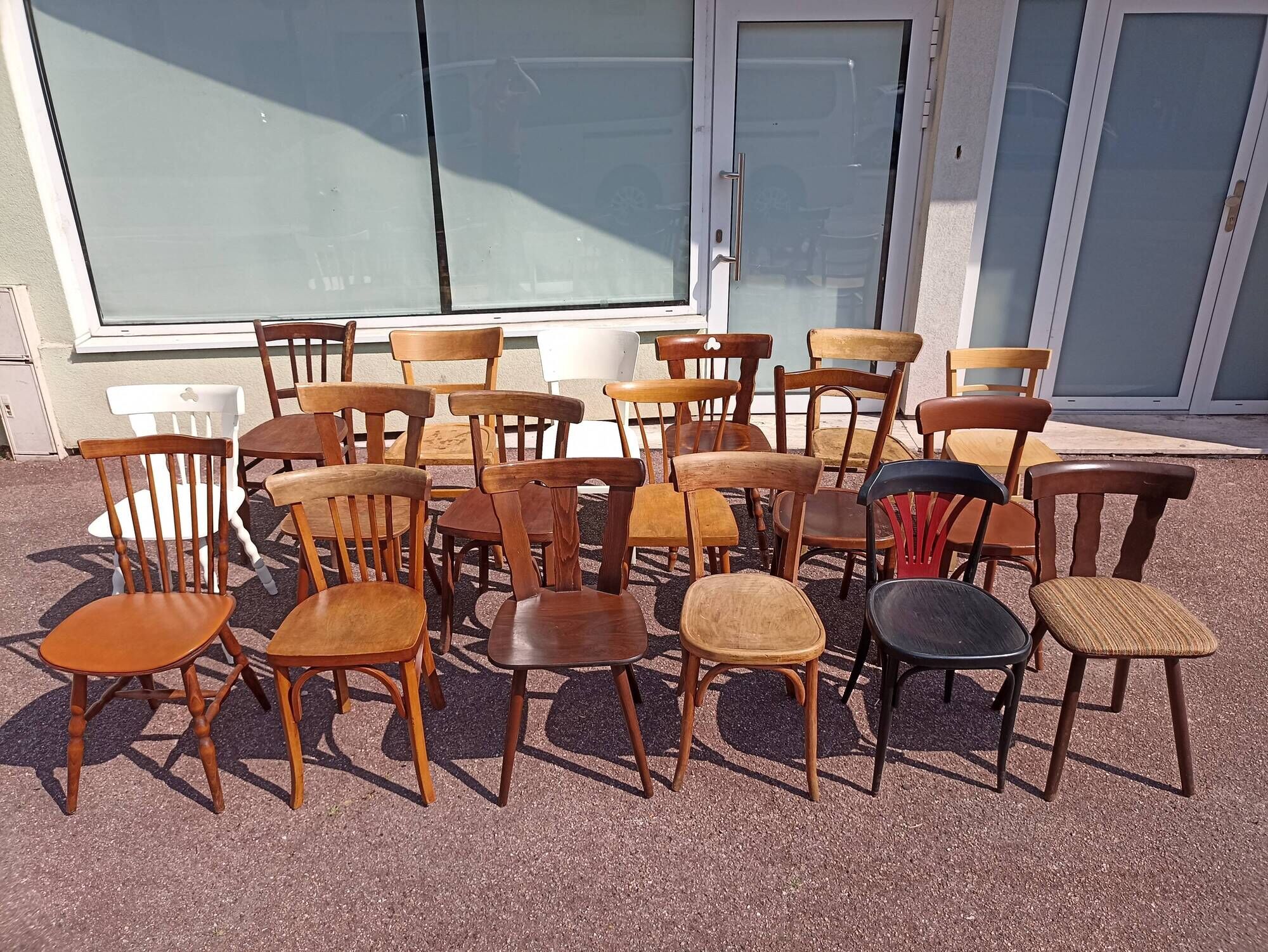Set of 18 mismatched wooden bistro chairs - vintage