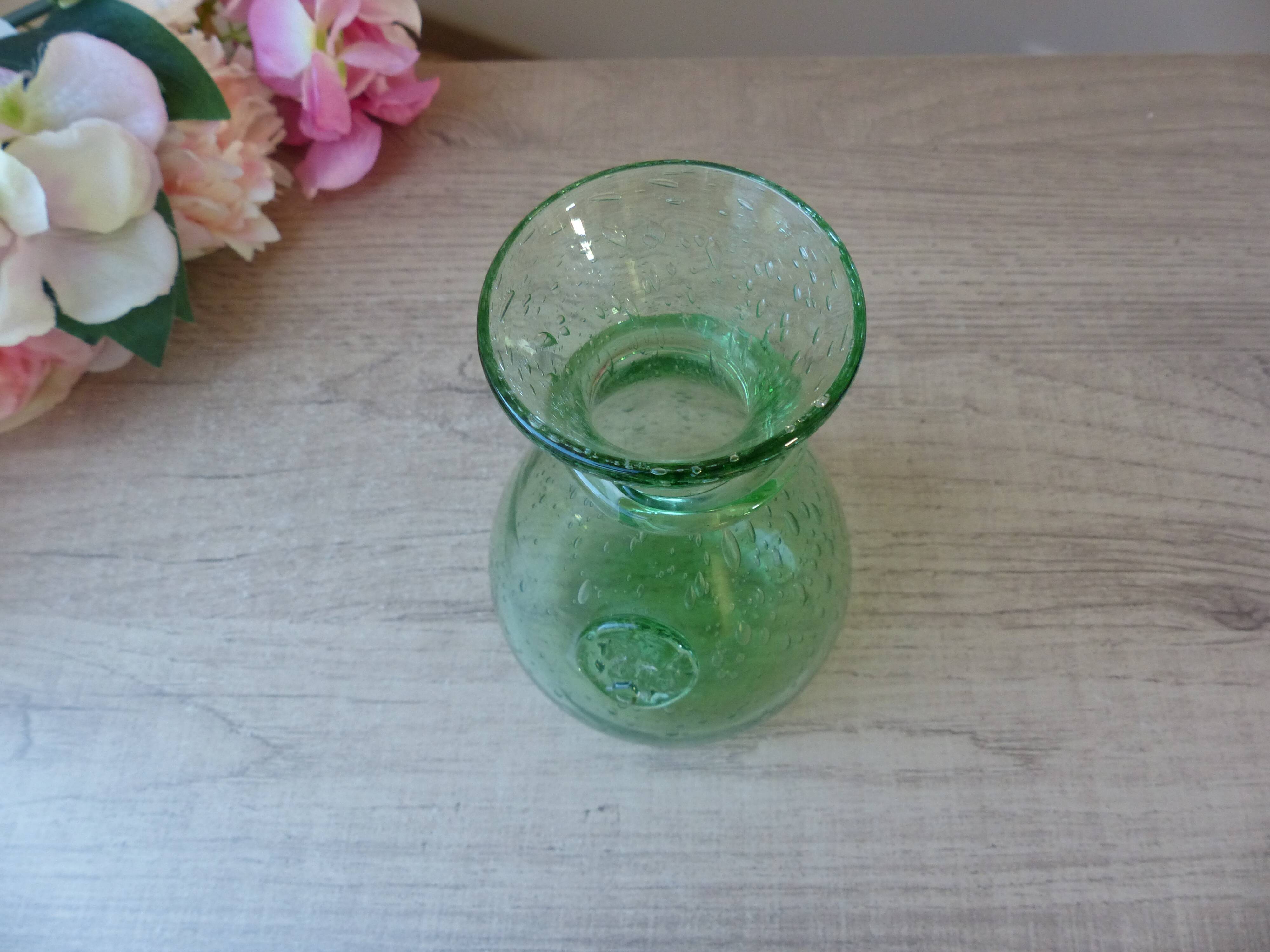 Small carafe in blown and bubble glass green color signed biot vintage