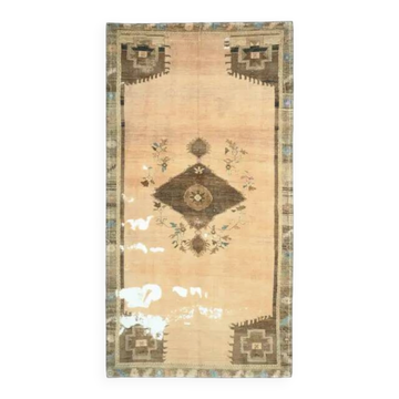 1970s Vintage Turkish Hand-Knotted Wool Cotton Beige Runner Rug 209x398