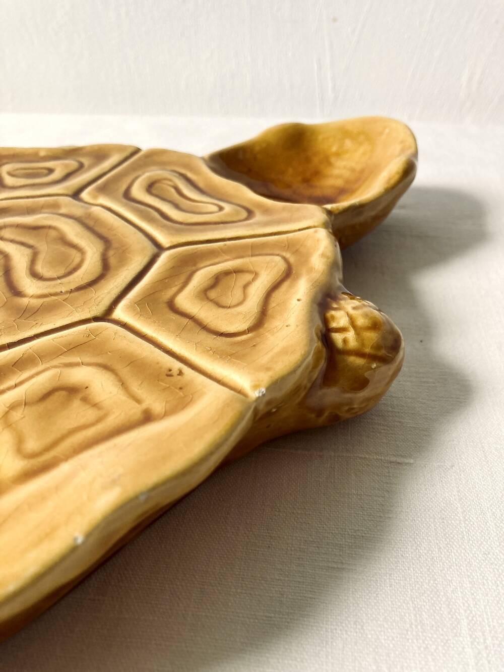 Large mustard yellow ceramic turtle dish, vintage 1950s-1970s.