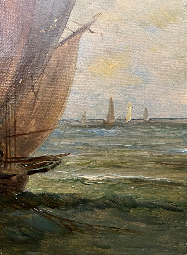 Marine ancienne signée Aiveill – voilier de pêche, début XXe