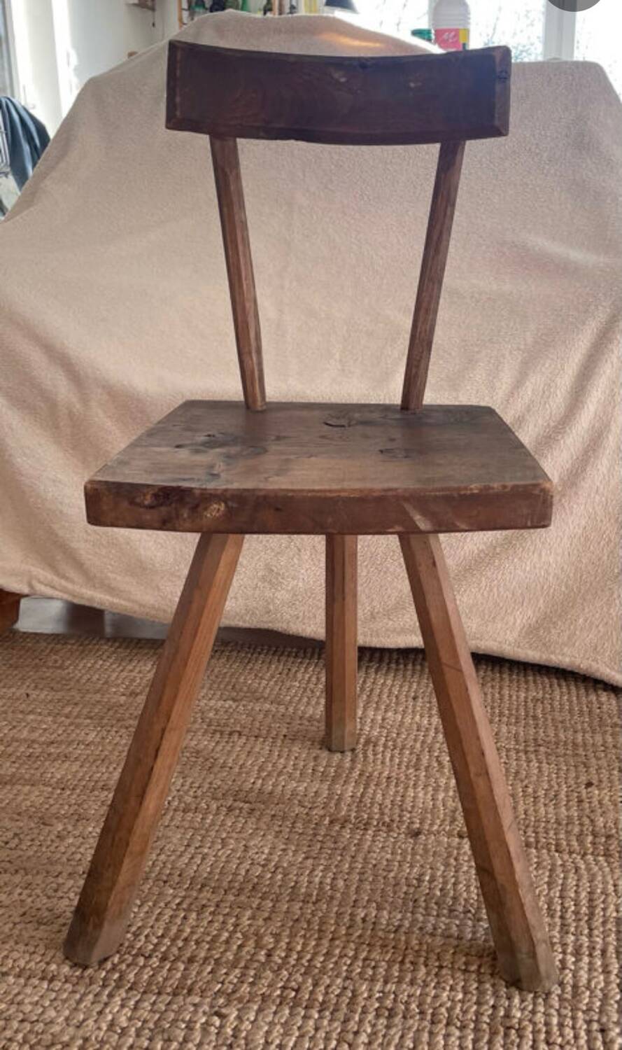 Set of three wooden tripod chairs in oak, raw art.