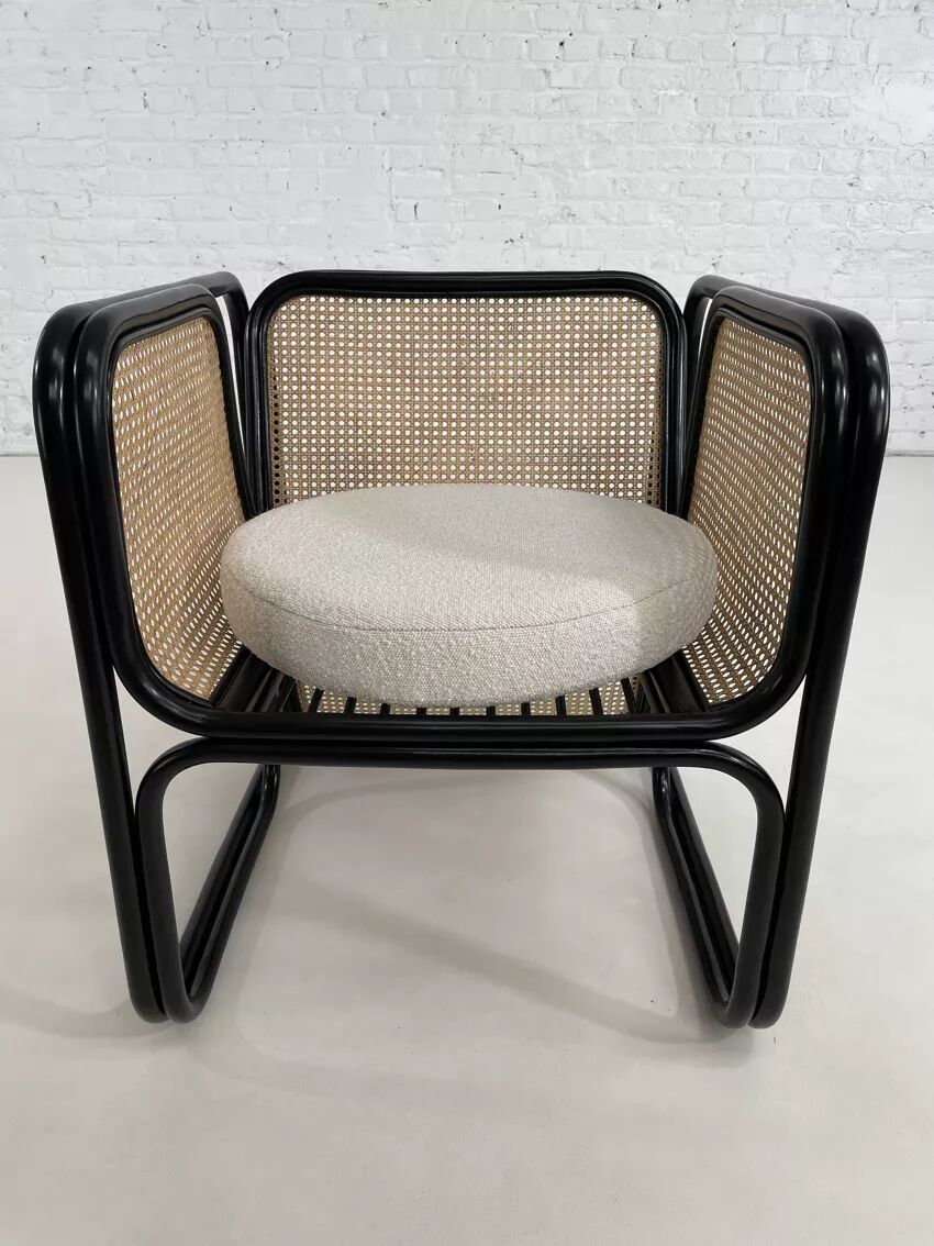 Cubic armchair in black rattan and canework