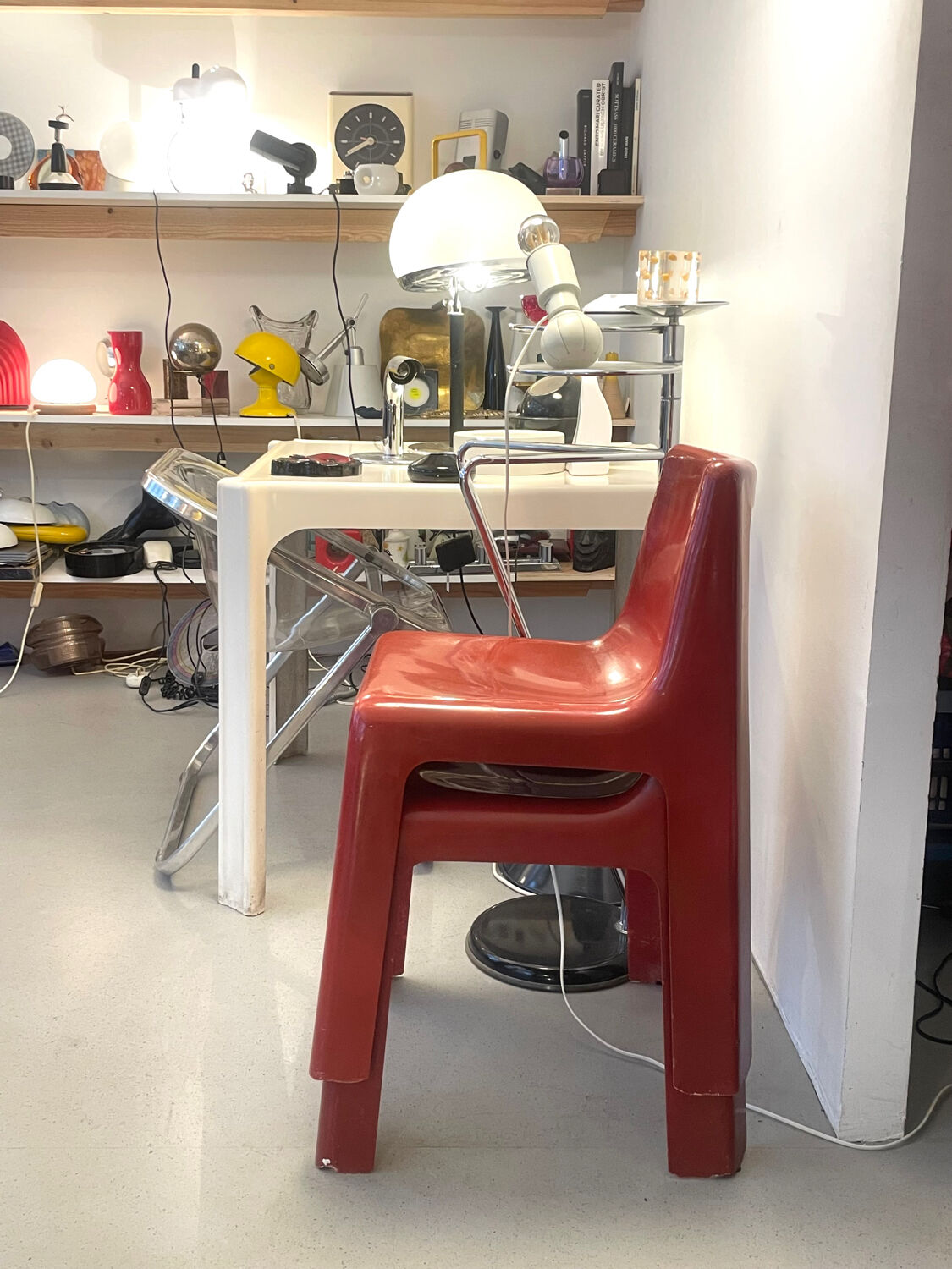 Pair of red fibreglass chairs from the 1970s.