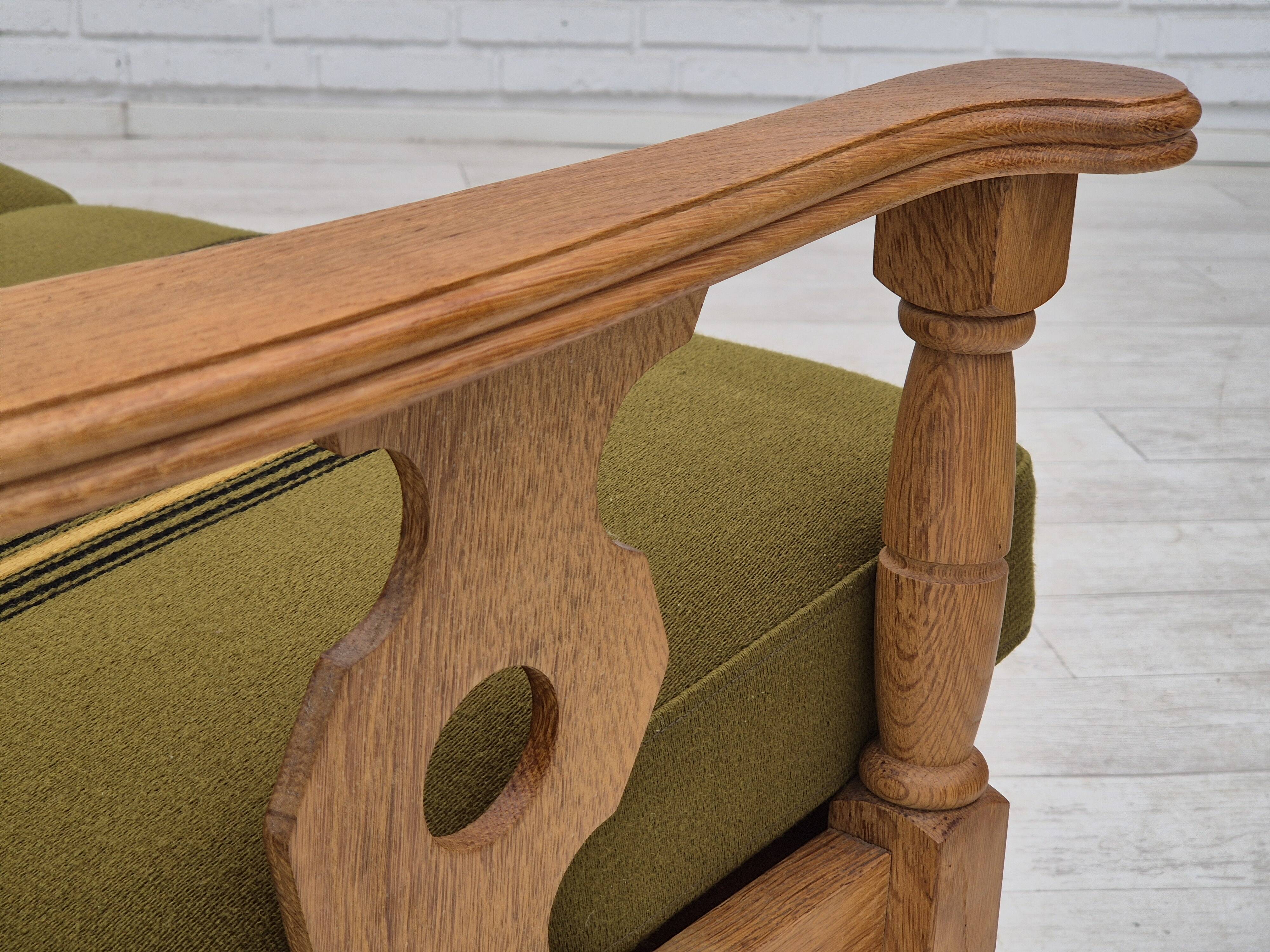 1970s, Danish 3 seater sofa, original condition, furniture wool, solid oak wood.