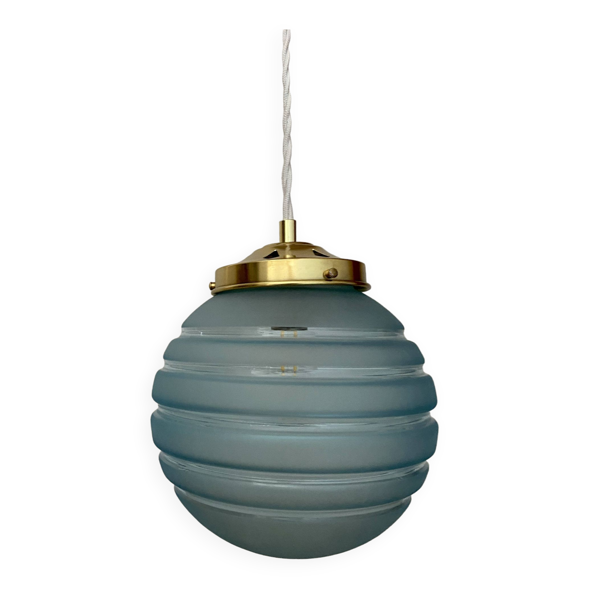 Suspension globe vintage en verre dépoli bleu