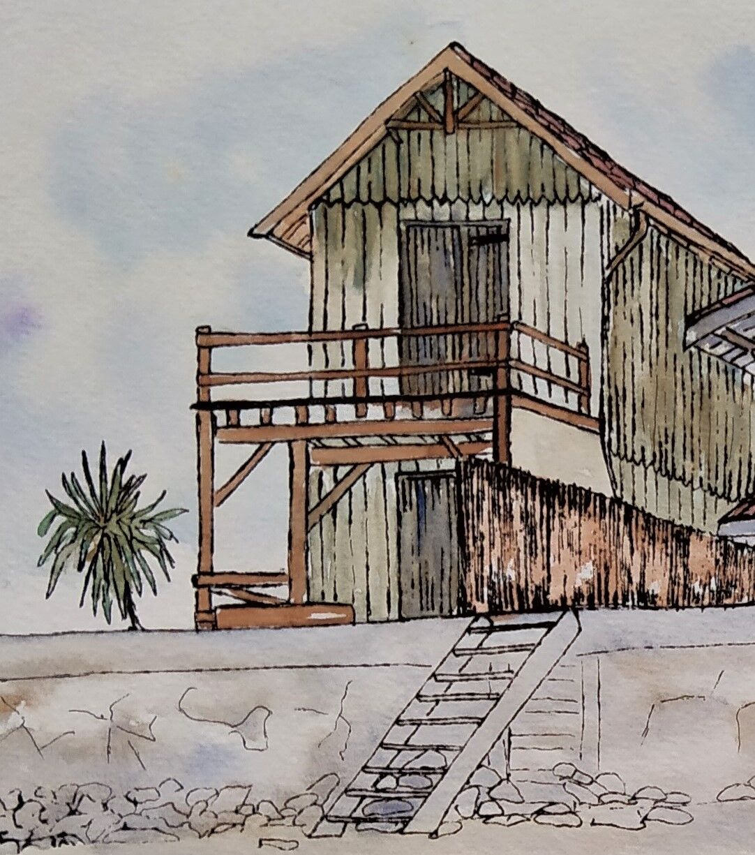 Watercolor lithograph 1980's "Cap-Ferret, 'L'Herbe' le quartier des pêcheurs"