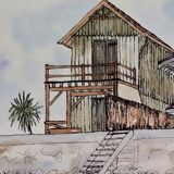 Watercolor lithograph 1980's "Cap-Ferret, 'L'Herbe' le quartier des pêcheurs"