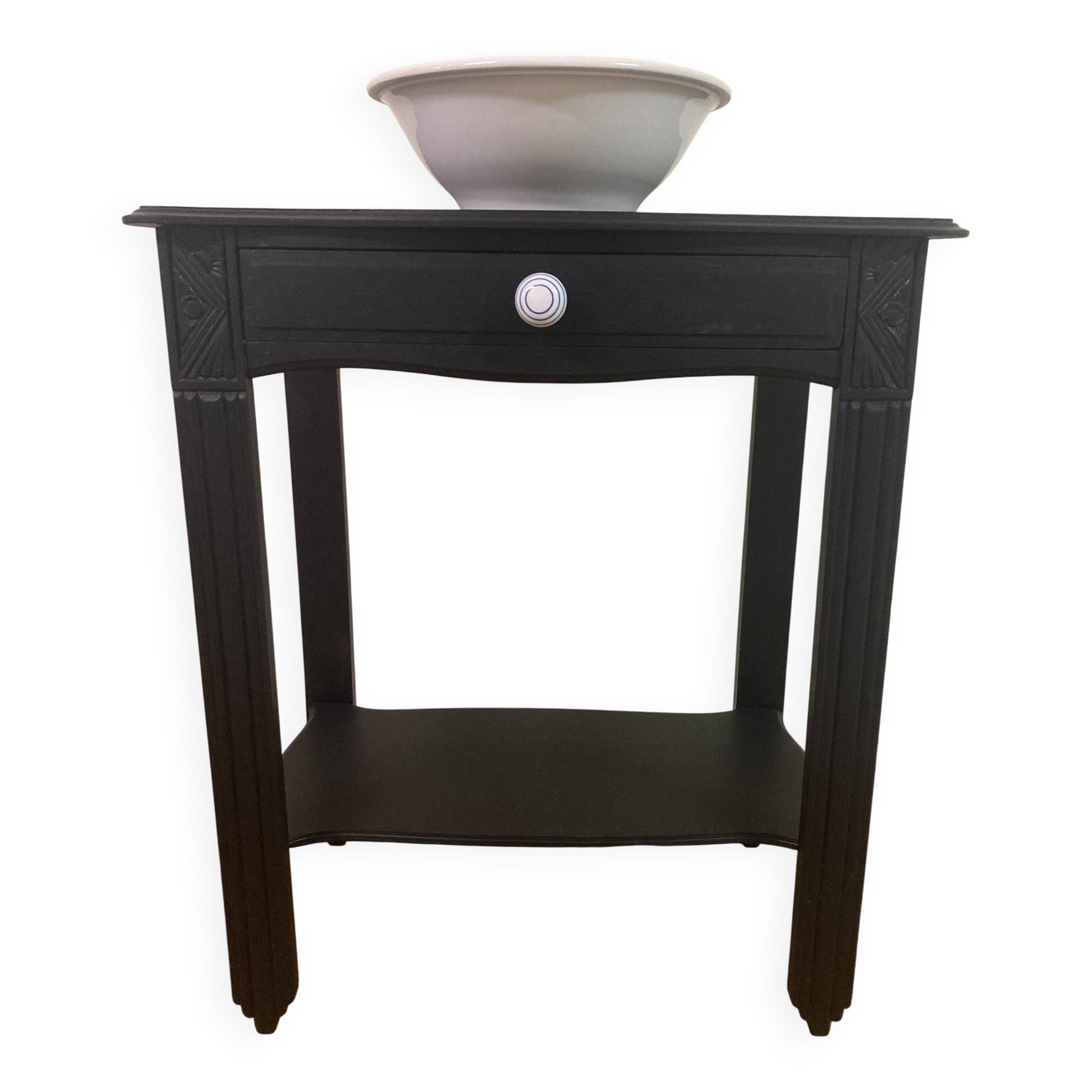 Small Art Deco console reinterpreted – matte black wood with drawer