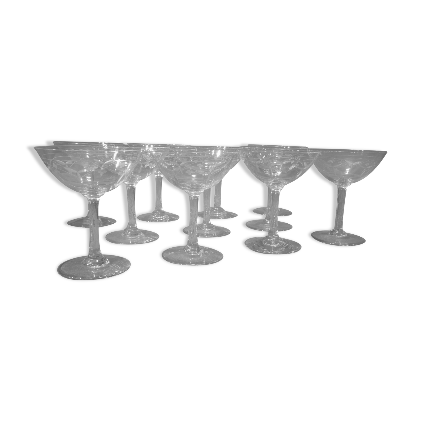 11 engraved crystal champagne glasses cut