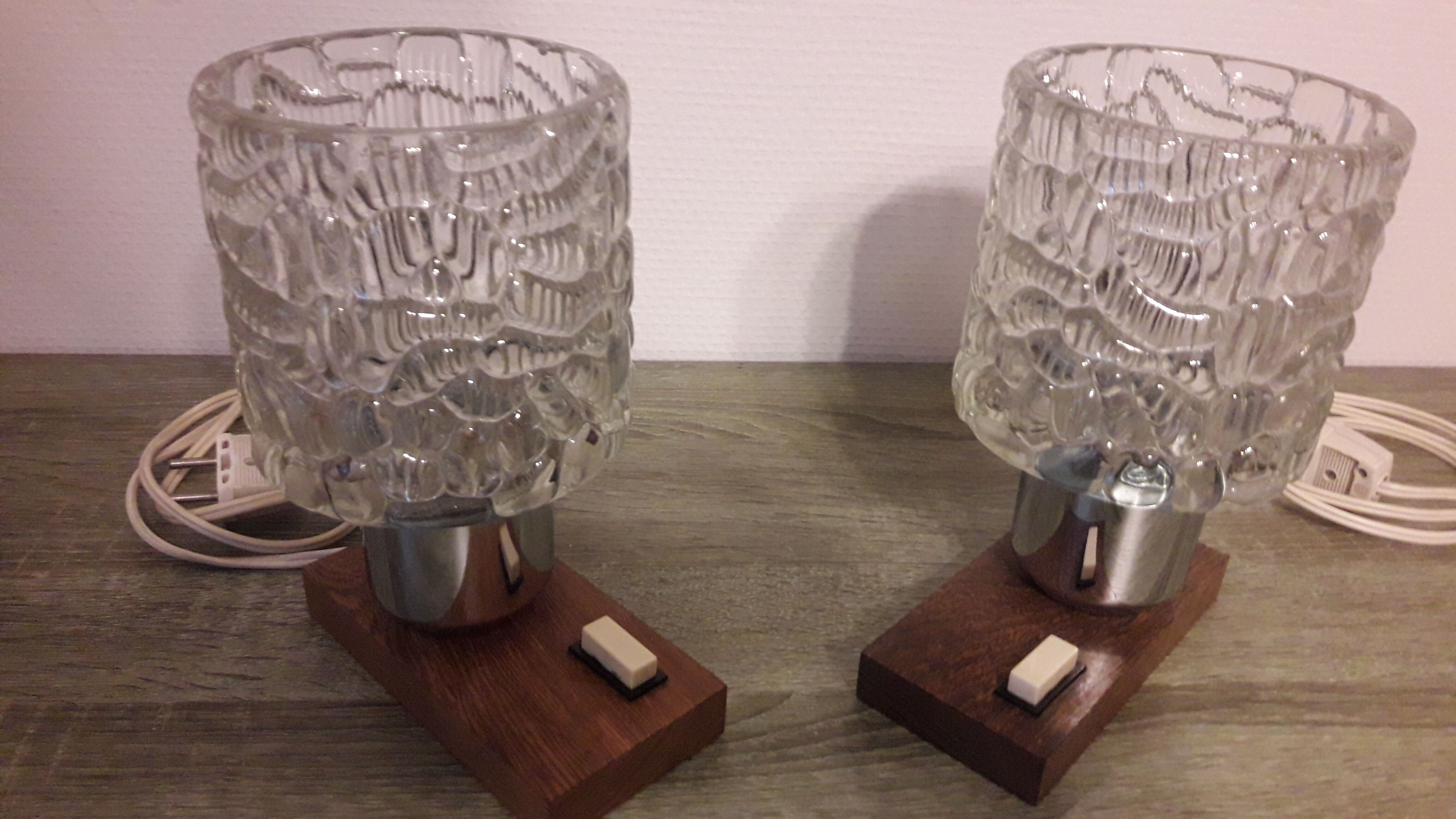 Pair of glass and wood bedside lamps