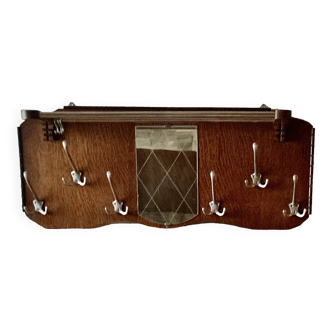 Old large wooden coat rack with mirror and hat rack